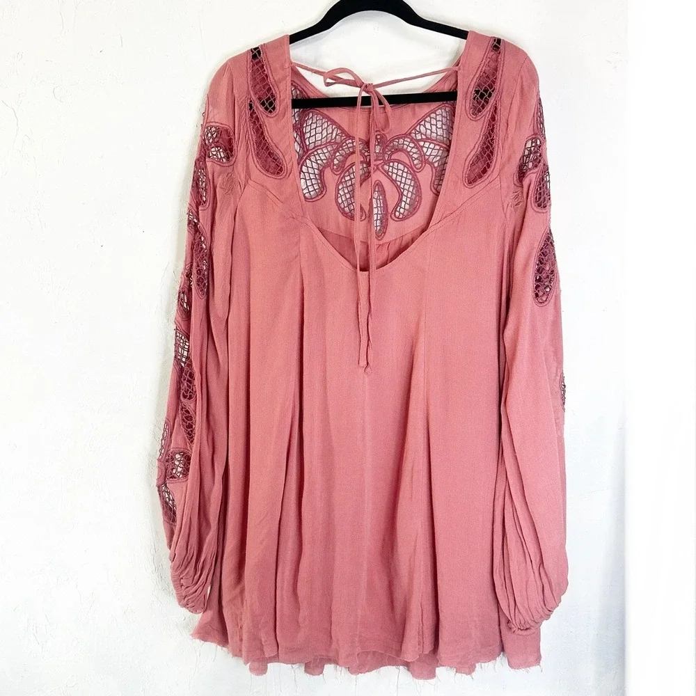 Free People Boho Lace Open Back Mini Dress Womens Size Small Flowy Pink Chic